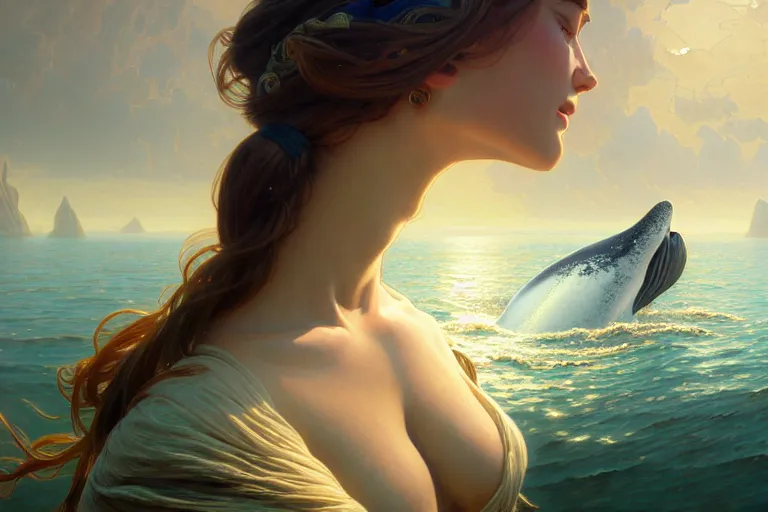 Image similar to painting of panorama view of under the water, wearing beautiful clothes, hyper detailed cg rendering of a cute girl and whale, atmospheric lighting, perfect shadow, elegant, highly detailed, digital painting, artstation, concept art, smooth, sharp focus, illustration, art raphael lacoste, by artgerm and greg rutkowski and alphonse mucha, 8 k