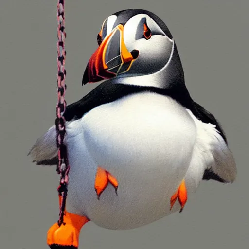 Image similar to realistic puffin sitting on a big swing, hyper detailed, trending on artstation