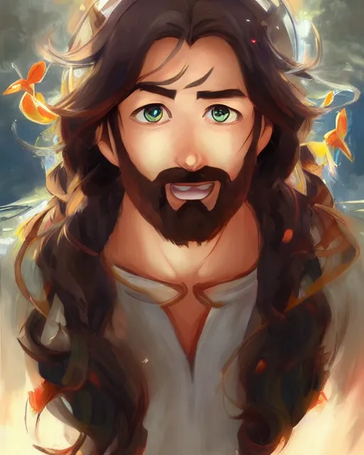 Image similar to an anime portrait of jesus christ in the world of super mario, by stanley artgerm lau, wlop, rossdraws, james jean, andrei riabovitchev, marc simonetti, and sakimichan, trending on artstation