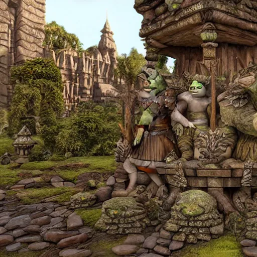 Prompt: Shrek statues in an ancient collapsing temple to Shrek discovered deep in the swamps, 4k render, octane, ancient ogre imagery, tribal war god, dark amazonian temple, onion statue, gargoyle-like decorations in the style of Donkey. hyper-detailed, intricate, hallowed swampland, Shrek (2003) by DreamWorks animation