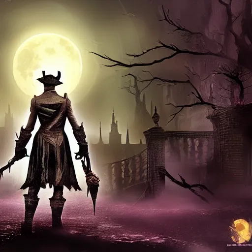 Image similar to an ultradetailed animation of the hunter from bloodborne dressed as darkwing duck, let's get dangerous, in the style animation of darkwing duck, digital art, dark fantasy, concept art, soulslike, by alphonse mucha, blood moon eclipse, wherewolves in a ruined building in the background, artstation, 8 k, unreal engine render