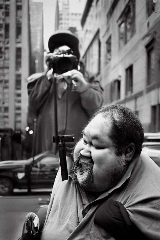 Image similar to close-up photography, fat man looks at bird in New York, soft light, 35mm, film photo, Joel Meyerowitz