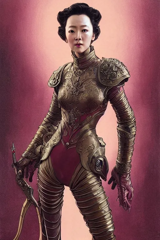 Image similar to full length portrait of zhang ziyi in armour, by eve ventrue, michael carson, andreas rochas, john watkiss, casey weldon, artgerm. art nouveau. tarot card by mucha. gloomhaven. swirly intricate linework background. gaudy colors, sharp edges. octane render