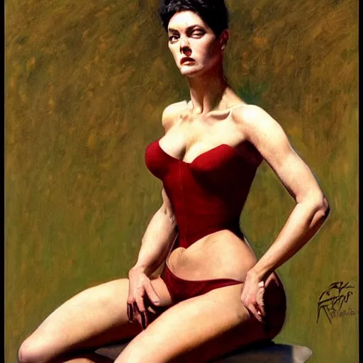 Prompt: A frontal portrait of a delicate, muscular and exhausted woman, by Robert McGinnis.