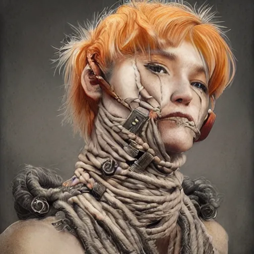 Image similar to portrait of a Shibari rope wrapped face and neck, headshot, insanely nice professional hair style, dramatic hair color, digital painting, of a old 15th century, old cyborg merchant, amber jewels, baroque, ornate clothing, scifi, realistic, hyperdetailed, chiaroscuro, concept art, art by Franz Hals and Jon Foster and Ayami Kojima and Amano and Karol Bak,