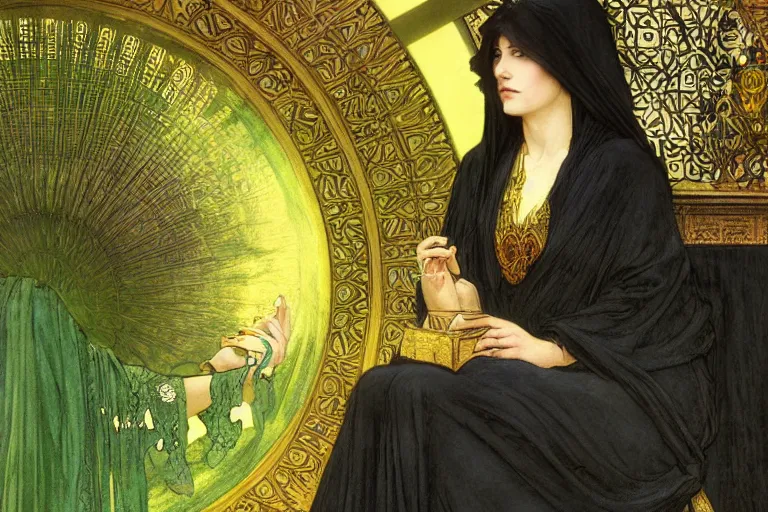 Prompt: a beautiful sorceress wearing a black robe with gold embroidery, sitting at table, casting a spell, green glows, painted by john williams waterhouse and alphonse mucha, in the style of magic the gathering, highly detailed digital art