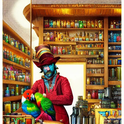 Image similar to Anthropomorphized parrot trader in his shop, shelves full, selling a gem, portrait, items, magic potions, carpet, window, fancy funny hat, sly expression , cunning expression, cute expression, presenting magic gem, D&D, fantasy, cinematic lighting, highly detailed, digital painting, artstation, concept art, smooth, sharp focus, illustration, warm light, cozy warm tint, magic the gathering artwork, volumetric lighting, 8k, no gold, no gold colours, art by Akihiko Yoshida, Greg Rutkowski