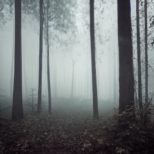 Image similar to found footage sighting of a slender man at night in a forest, fog, volumetric lighting