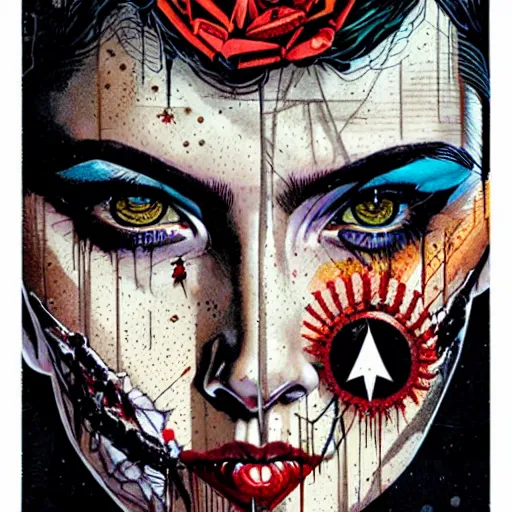 Prompt: a portrait of horror tarot card intricate details by MARVEL comics and Sandra Chevrier