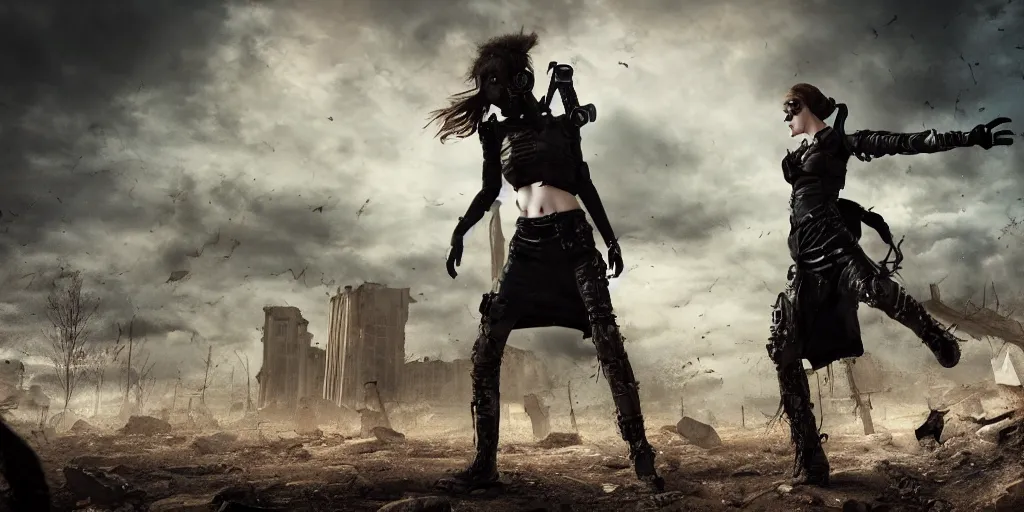 Prompt: post apocalyptic scene with half android half female gothic full body with high tech accessories, dynamic lighting, mouvement, ultra wild lens, high details, 8k, renaissance painting