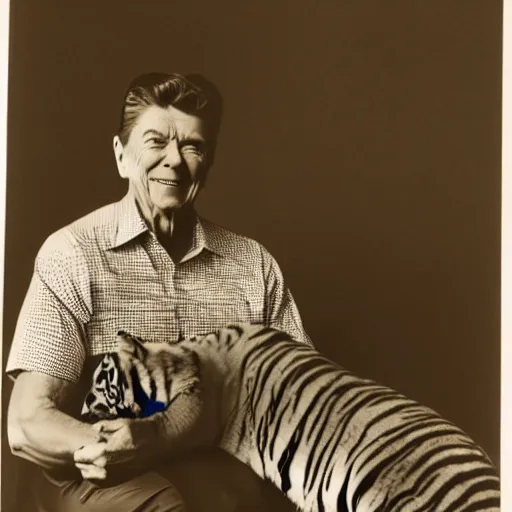 Image similar to [ ronald reagan sitting in chair with a tiger lying at his feet ]