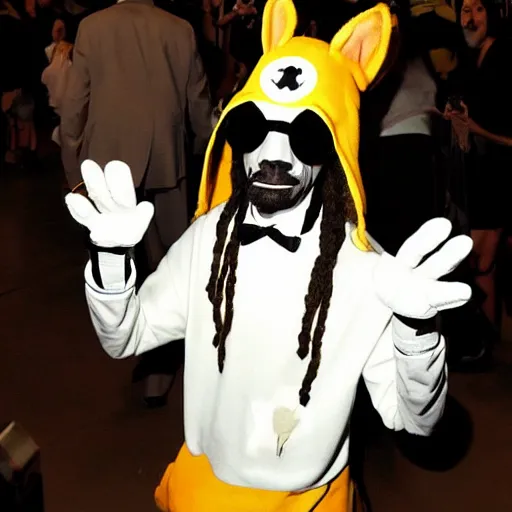 Image similar to snoop dogg as a fursuit at a furry convention, flash photography