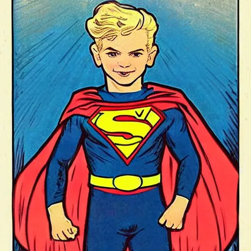 Prompt: a cute little boy with a mischievous face and blonde hair. he is dressed as a superhero. well composed, clean elegant painting, beautiful detailed face. comic book art by steve ditko and jack kirby and ( alphonse mucha )