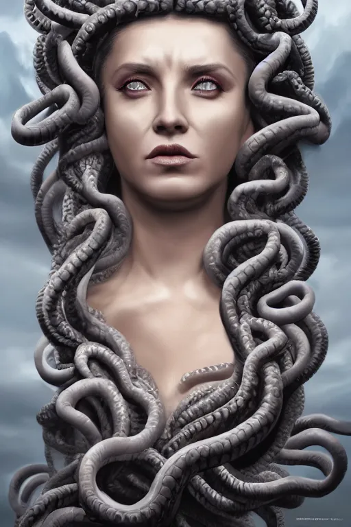 Prompt: a detailed matte portrait of medusa mother of the gorgons, elaborate regal reliefe, clouds, shrouded, trending on artstation, photorealistic, cgi, 8 k