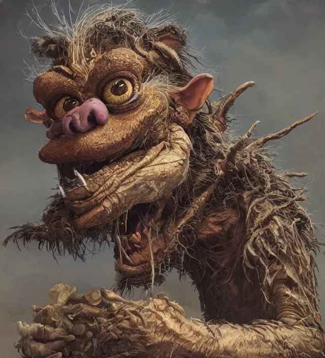 Image similar to hyper realistic portrait of postapocalyptic muppet show monster goblin, cinematic, symmetric, dark crystal, artstation, cgsociety, alan lee, jean baptiste monge, scott radke