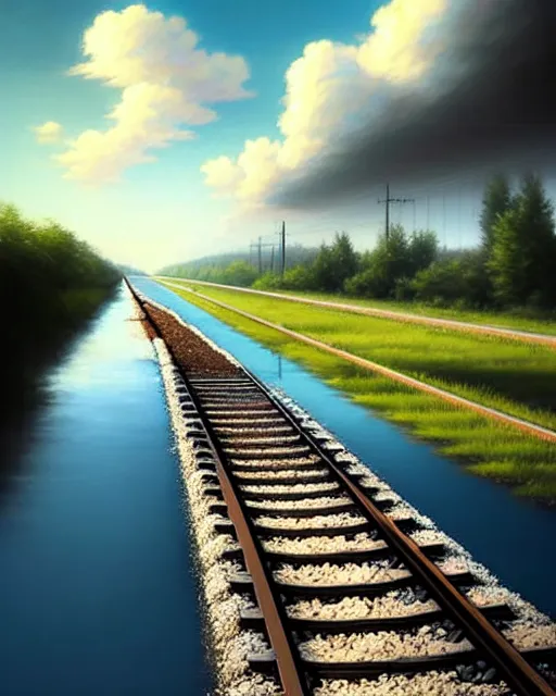 Image similar to shallow reflective water completely covers submerged train tracks as a girl carries her shoes, there is a train station in the distance and large white clouds on a wide horizon, intricate, elegant, highly detailed, digital photo, artstation, concept art, smooth, sharp focus, art by artgerm and greg rutkowski and fra angelico