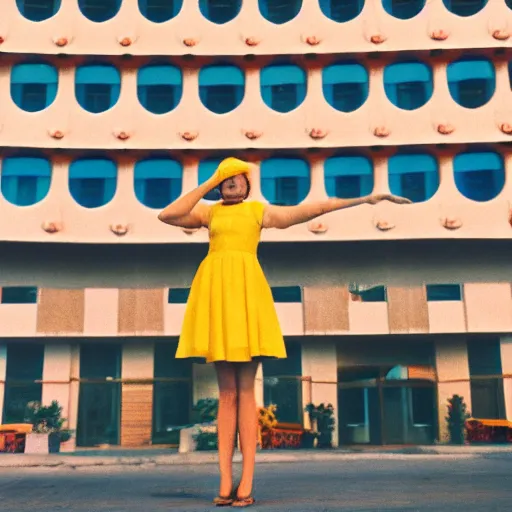 Image similar to giant flower head, frontal, girl standing in mid century hotel, surreal, symmetry, bright colors, cinematic, wes anderson