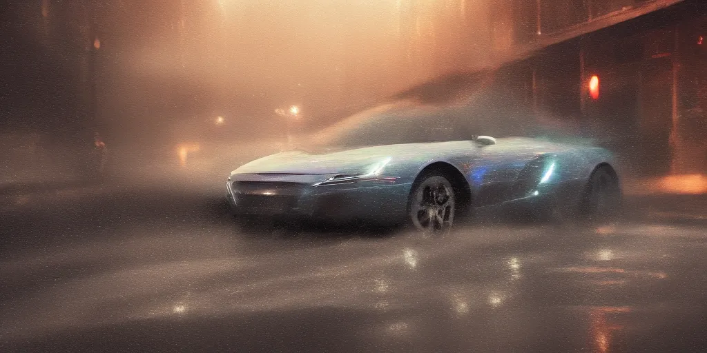 Prompt: full view of a single sport car, surrounded in dust clouds, driver leaning on the car\'s door outside, busy wet street at night, painted in dark color holographic pearlescent, elegant, digital painting, concept art, smooth, sharp focus, art style from Wang Ke and Greg Rutkowski and Bruce Kaiser and Scott Robertson and Dmitry Mazurkevich and Doruk Erdem and Jon Sibal, small style cue from Mad Max
