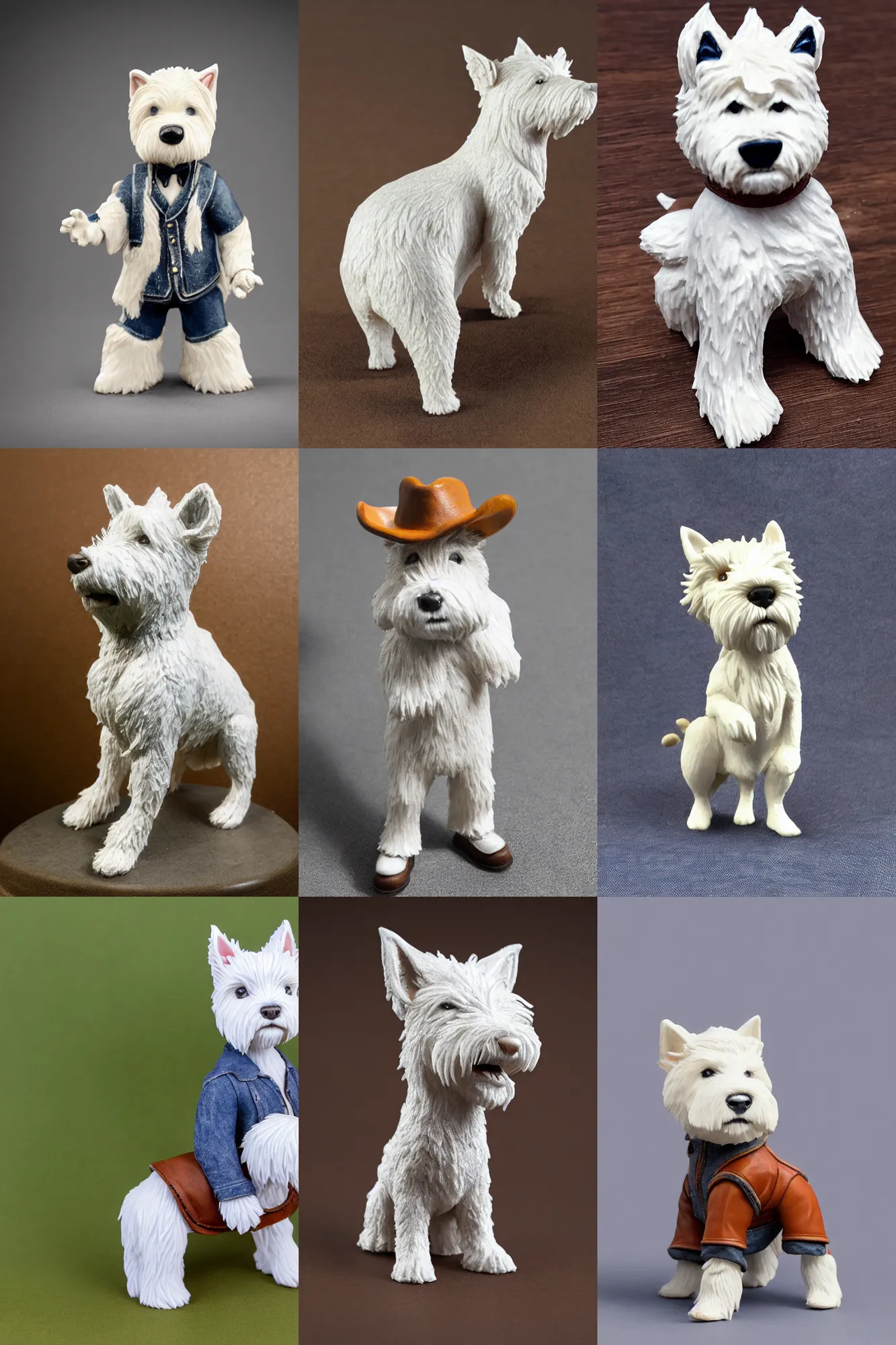 Prompt: product photo of a 200mm mini resin model of an anthropomorphic west highland white terrier-cowboy, Short brown leather jacket, denim short pants, cow boy hat; ultra detailed, ultra realistic, volumetric light, 4K, Full body