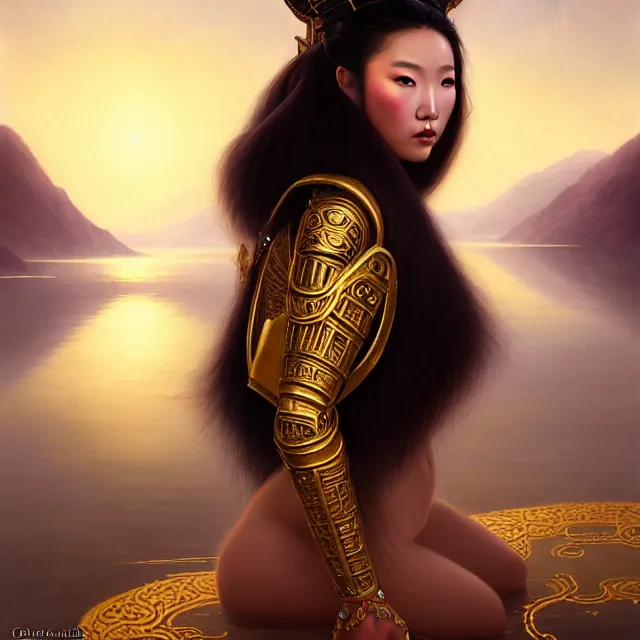 Prompt: cinematic portrait of a sexy mongolian princess in a sensual pose covered with golden ornate armor, sexy face with full makeup, atmospheric lighting, intricate, volumetric lighting, beautiful, sharp focus, in the art style of bowater, charlie, brom, gerald, with lake baikal in the background, astrophotography