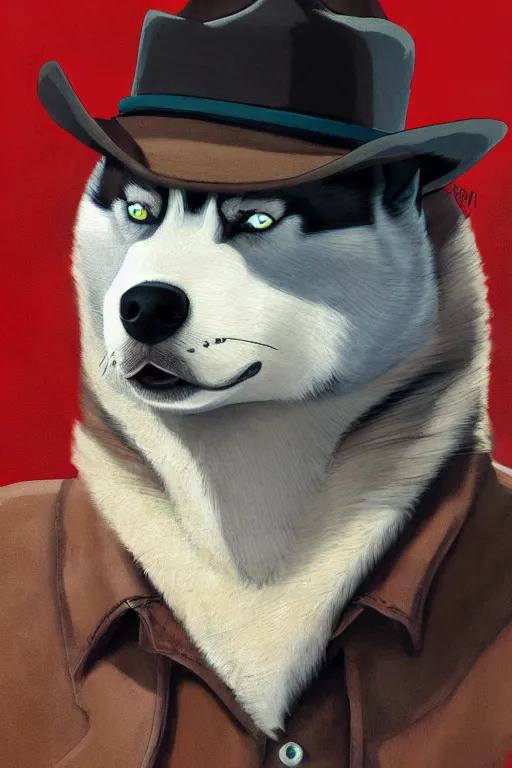 Image similar to a portrait painting of a husky in cowboy costume, wearing a cowboy hat, by studio ghibli, in the style of anime, [ red dead ], humanoid, personify, anthropomorphic, trending on artstation