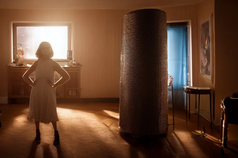 Prompt: backlit photograph of young woman, standing in front of powerful dazzling orgone accumulator in 1 9 3 0's suburban living room, crisp focus, highly detailed, in roger deakins style, 4 k, ultra sharp