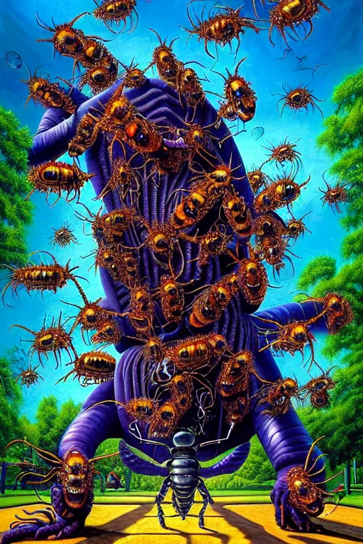 Image similar to a hyperrealistic painting of an epic boss fight against a swarm of alien hornets on a sunny day at the park, cinematic horror by chris cunningham, lisa frank, richard corben, highly detailed, vivid color,