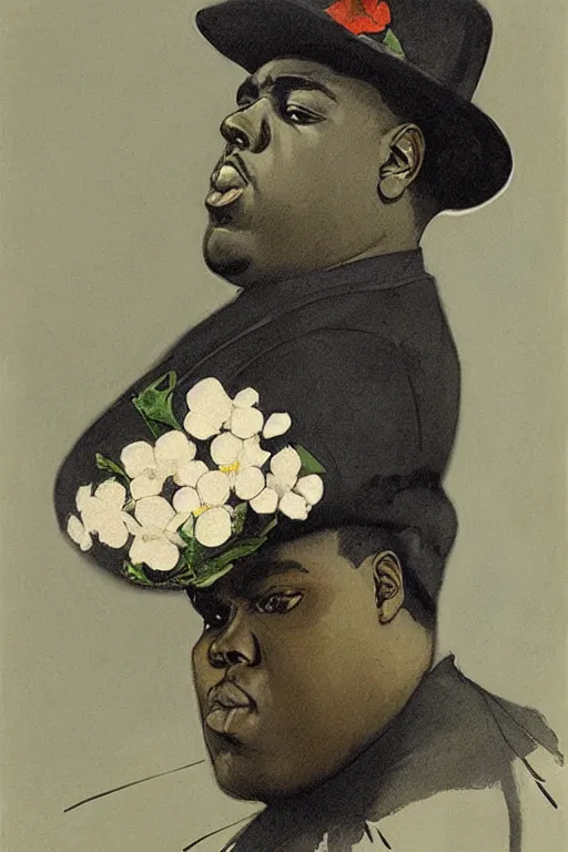 Prompt: portrait of biggie smalls, bloom flowers, modern, eclectic, illustration, by ramon casas