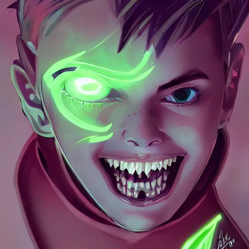 Image similar to a digital matte intricate face illustration concept art of young danny phantom with glowing green eyes and sharp teeth fangs alt art fashion inspired art by charlie bowater and wlop and mark arian and ross tran + neon colors, symmetry, intricate complexity, epic composition, magical atmosphere, highly detailed, cinematic lighting + masterpiece, trending on artstation + 8 k