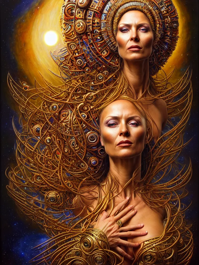 Image similar to hyper-realistic fullbody portrait. very complex hyper-maximalist overdetailed cinematic cosmic scifi portrait of an elegant very attractive sun goddess mother of the universe by andrei riabovitchev, tomasz alen kopera, oleksandra shchaslyva and peter morbacher. Extremely ornated and decorative. Fancy luxury beautiful. Omnious intricate. Secessionist portrait illustration. Goddess of the sky. Focus on face. Artstation. Deviantart. 8k 4k 64megapixel. Rendered by binx.ly.