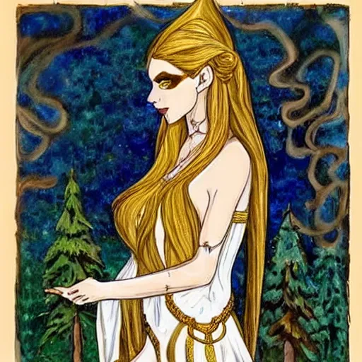 Image similar to perfect painting of an elven woman dressed in white and gold