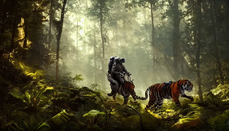 Image similar to american astronaut in the forest riding a tiger, plants environment, wide angle, cinematic lighting, atmospheric, ultrarealistic, trending on artstation, cgsociety, highly detailed, color graded, in the style of craig mullins, rendered in Unreal Engine 4k HQ, shadow of the tomb rider