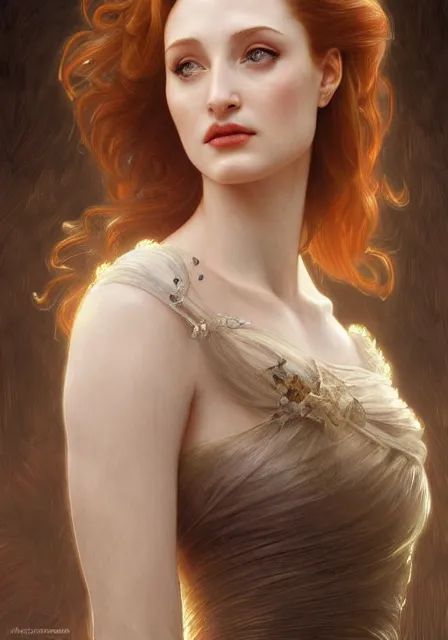 Image similar to sansa angeline jolie gessica chastain, intricate, elegant, highly detailed, digital painting, artstation, concept art, smooth, sharp focus, illustration, art by artgerm and greg rutkowski and alphonse mucha and william - adolphe bouguereau