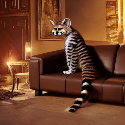 Image similar to A scene from a 2022 Marvel film featuring a humanoid genet reading on a couch. An anthropomorphic genet. 8K UHD.