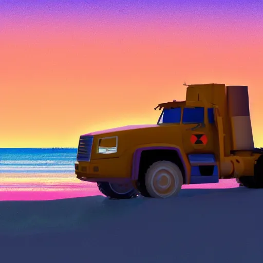 Image similar to a mining dump truck chilling on the beach, sunset, vaporwave