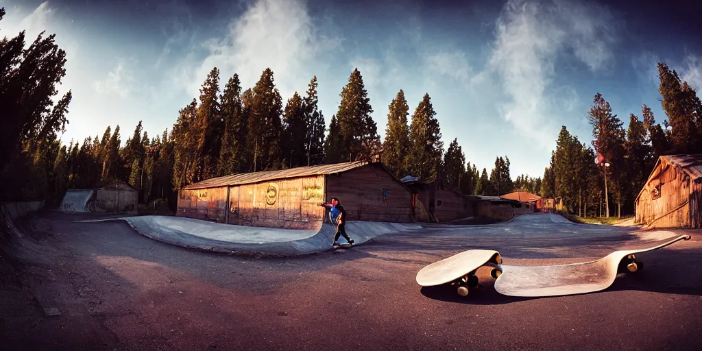 Prompt: a beautiful matte painting of a skateboarder gliding past graffiti, kick flip, village setting, log homes, dirt road, trees, fisheye lens, by Mikko Lagerstedt and Paul Lehr