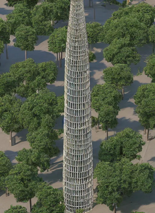 Prompt: highly detailed realistic architecture 3 d render of a stele shukhov tower with rouble inside standing in a city park, archdaily, made in unreal engine 4 octane render