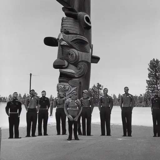 Prompt: us navy officers standing around a totem pole