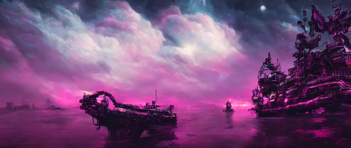 Image similar to space, mohawk, portrait big dark punk, hyperdetailed illustration, stars, pink, neon, oil painting, rich deep colors masterpiece, pirate neon ship, ultra detailed, contrast, heaven pink, clouds, volumetric light, atmospheric lighting, dramatic, cinematic, moody, octane render 4 k, 8 k