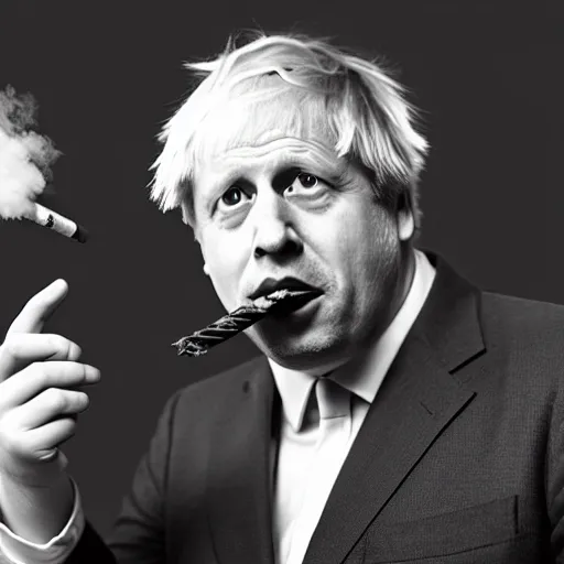 Image similar to medium shot photo of Boris Johnson with a joint in his mouth with smoke coming out, 4k, ultra HD