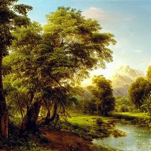 Image similar to tropical fruit trees and white milk river, wide shot, golden hour, landscape painting by ivan shishkin