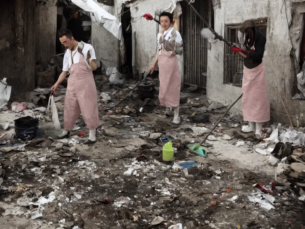 Prompt: jordan peterson cleaning in a slum in North Korea wearing a French Maid's outfit, carrying a feather duster, and bending over provocatively.