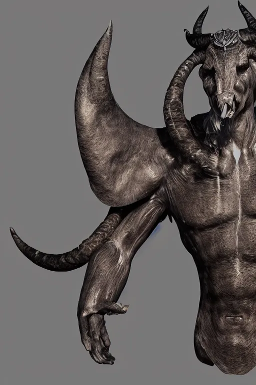 Image similar to an unreal engine render of a pagan god + creature with large black eyes and wide tall horns, hyper realistic, detailed anatomy