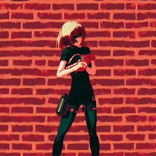 Image similar to Highly detailed portrait of a post-cyberpunk young lady with, freckles and cool hair by Atey Ghailan, by Loish, by Bryan Lee O'Malley, by Cliff Chiang, inspired by image comics, inspired by graphic novel cover art, inspired by nier, inspired by scott pilgrim !! Gradient red, black and white color scheme ((grafitti tag brick wall background)), trending on artstation