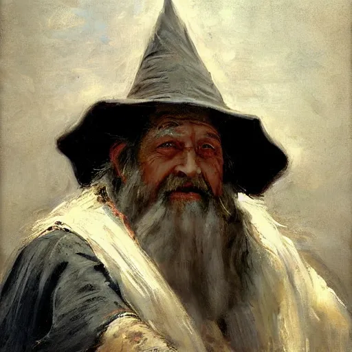 Image similar to Solomon Joseph Solomon and Richard Schmid and Jeremy Lipking victorian genre painting portrait painting of a old rugged actor wizard wearing a wizard hat and robe from the hobbit , red background