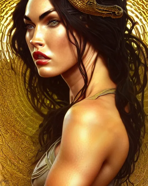 Image similar to portrait of megan fox as medusa gorgo, many snake hair, serpent hair, greek mythology, intricate, headshot, highly detailed, digital painting, artstation, concept art, sharp focus, cinematic lighting, illustration, art by artgerm and greg rutkowski, alphonse mucha, cgsociety