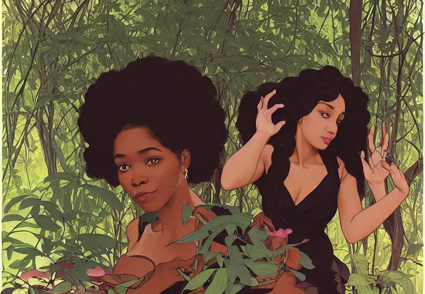 Image similar to a black woman seen from behind from far away with flowing hair and a flowing sundress dreaming in a forest, fine details by realistic shaded lighting poster by ilya kuvshinov katsuhiro otomo, magali villeneuve, artgerm, jeremy lipkin and michael garmash and rob rey, art nouveau, alphonse mucha, william - adolphe bouguereau, golden hour