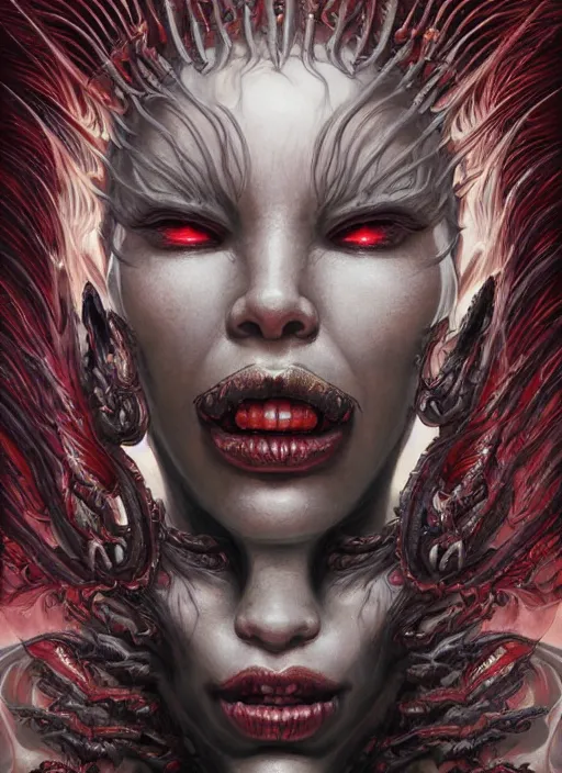 Image similar to a hyper detailed face portrait of the queen of blades, diablo 4 lilith, by yusuke murata, by hiroya oku, by dorian cleavenger, by tom bagshaw, by zdzisław beksinski, trending on artstation