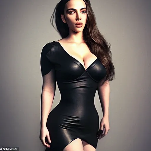 Image similar to a woman who is a genetic combination of kim kardashian and kat dennings and scarlett johansson and margot robbie and emma watson, face and upper - body focus