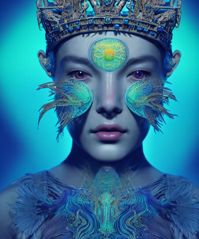 Image similar to symmetrical, centered, close-up portrait of goddess wearing crown made of betta fish, phoenix, bioluminiscent elements, intricate artwork by Tooth Wu and wlop and beeple. octane render, trending on artstation, greg rutkowski very coherent symmetrical artwork. cinematic, hyper realism, high detail, octane render, 8k